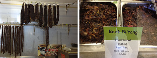  Beef biltong/jerky hanging to dry        Chopped beef biltong/jerky